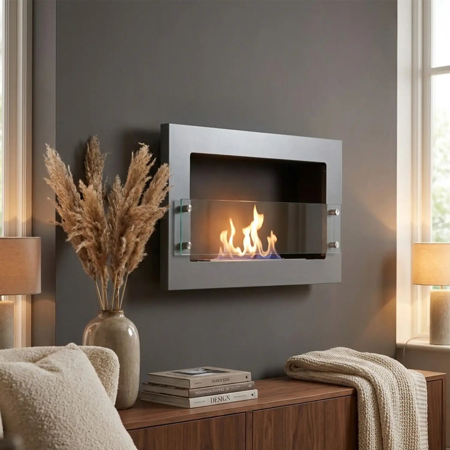 Texas steel-grey bioethanol fireplace mounted above a walnut console with pampas grass and a bouclé armchair, warm cozy living room, lit with a realistic flame
