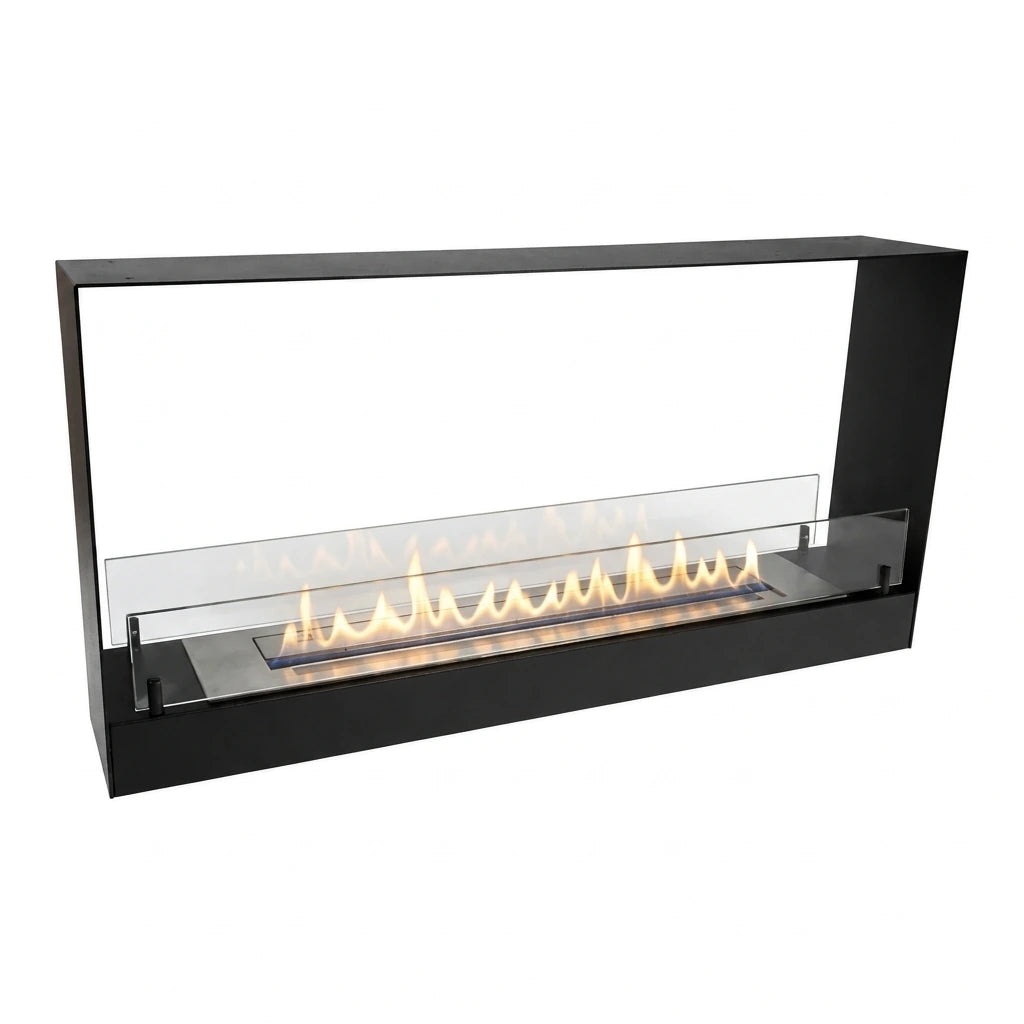 Double-sided built-in bioethanol fireplace, front view with lit flame
