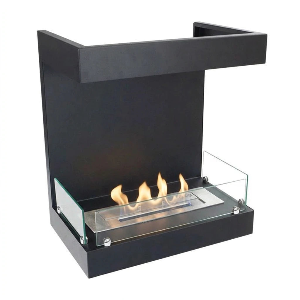 3-sided chimney build-in bioethanol fireplace with a lit flame, studio photo on white background