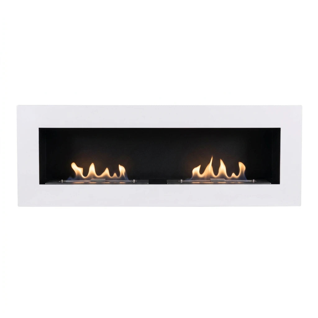 Murus 1600 glossy white bio fireplace, front view on white background, lit with a realistic flame