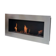 Murus 1200 brushed steel bio fireplace, angled view on white background, lit with a realistic flame