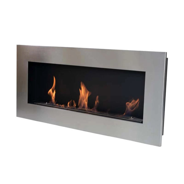 Murus 1200 brushed steel bio fireplace, angled view on white background, lit with a realistic flame