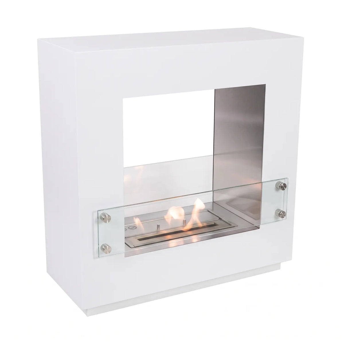 Hollywood White - 2-sided free-standing bioethanol fireplace, side view
