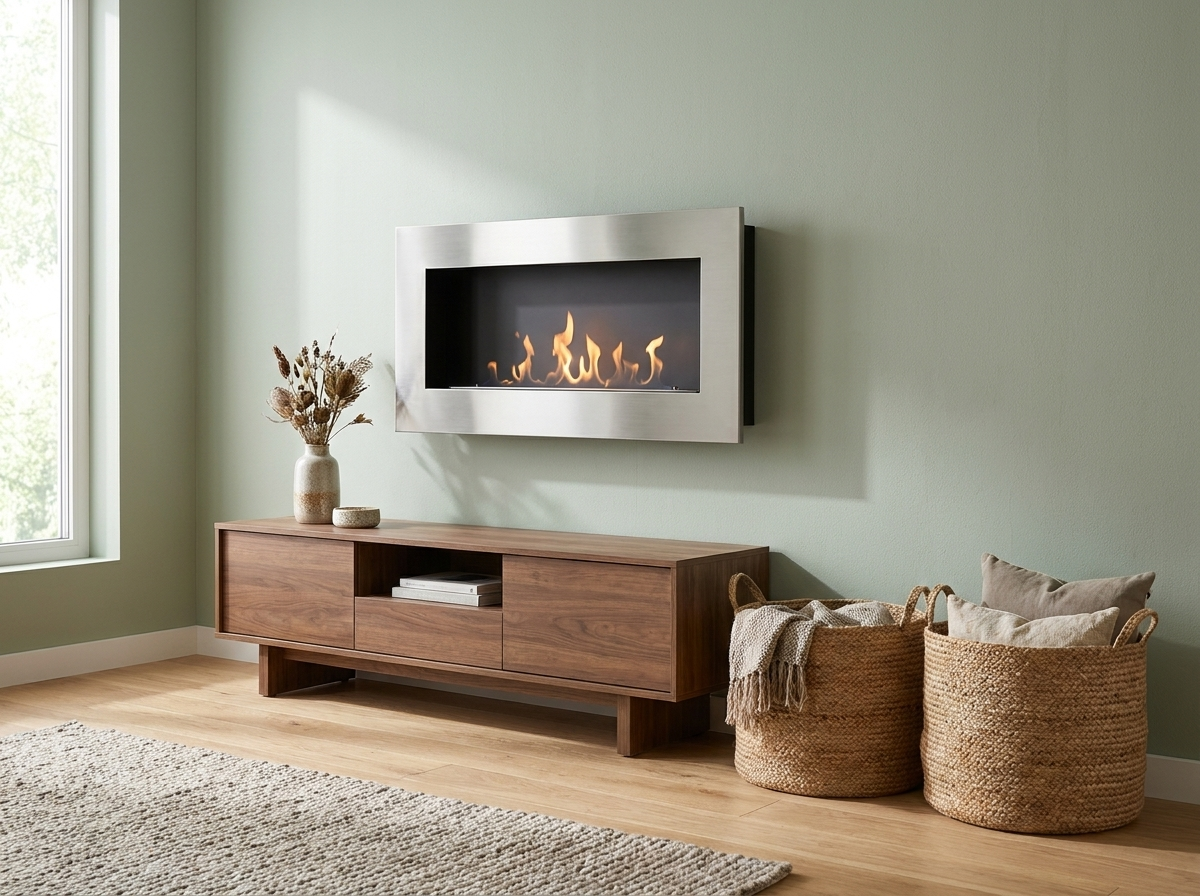 Murus 1200 brushed steel bio fireplace mounted on a sage-green wall above a walnut console, lit flame
