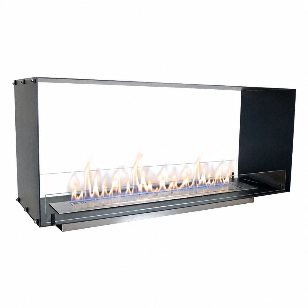 Foco Two 1200 built-in bioethanol fireplace with lit flame, white background studio shot