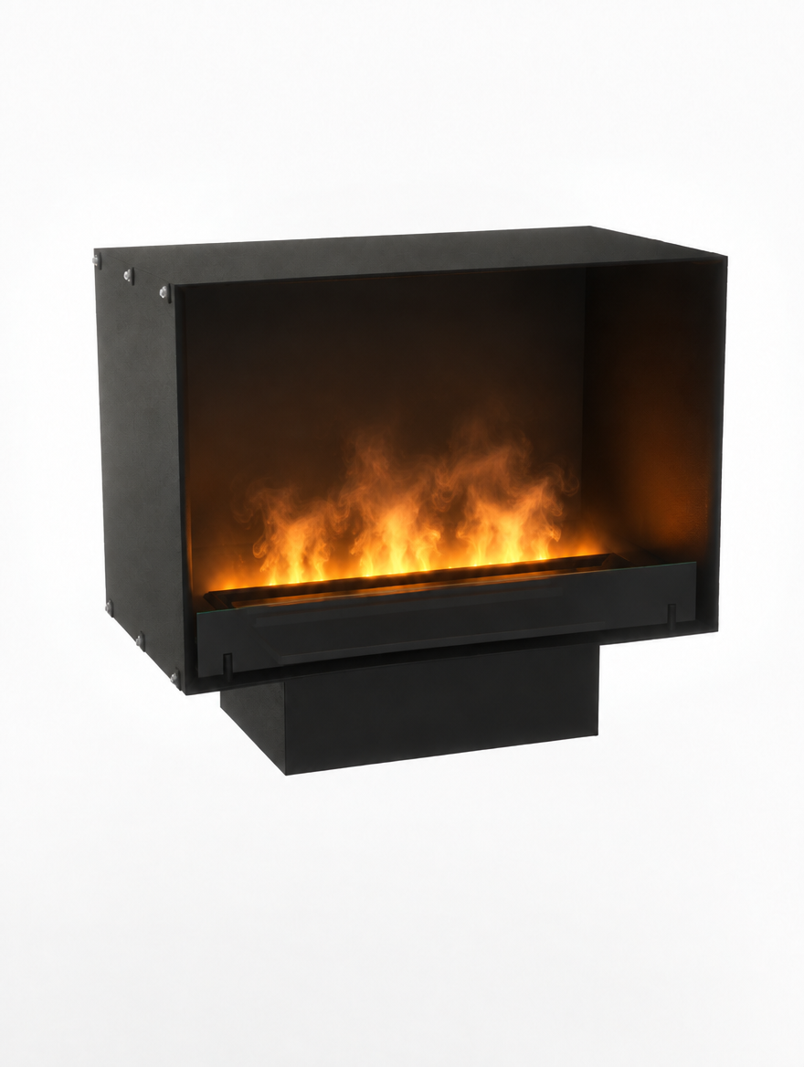Foco Myst One 800 water vapour fireplace, studio shot with realistic Opti-myst flame effect