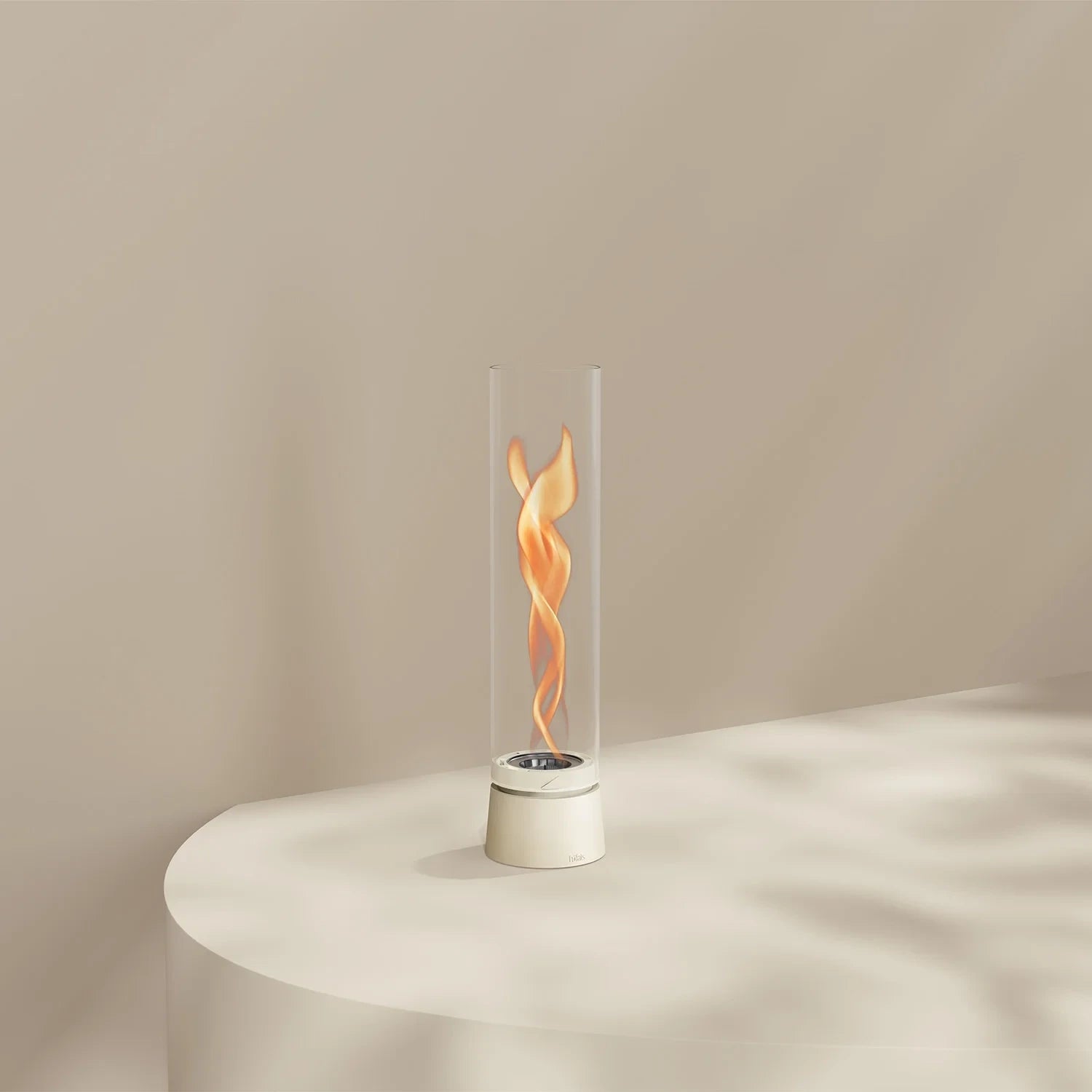 Höfats SPIN Air 900 Cream White Table Biofireplace with Tall Cylindrical Glass and rotating flames
