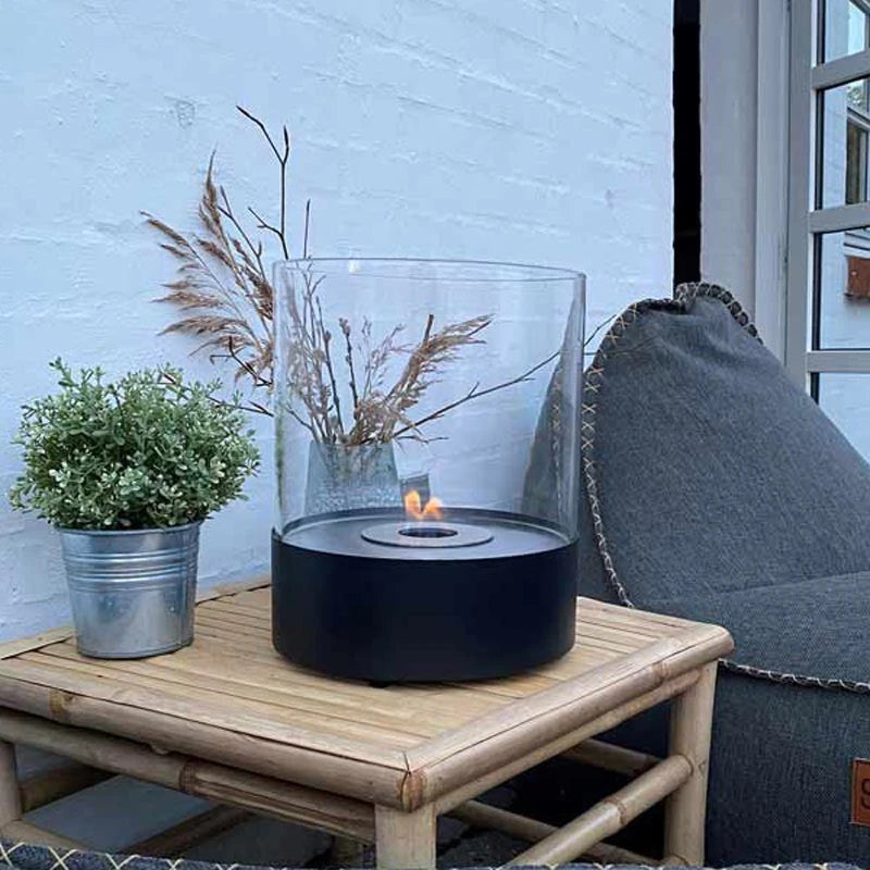 Runder Tisch Kamin mit Glas - schwarz