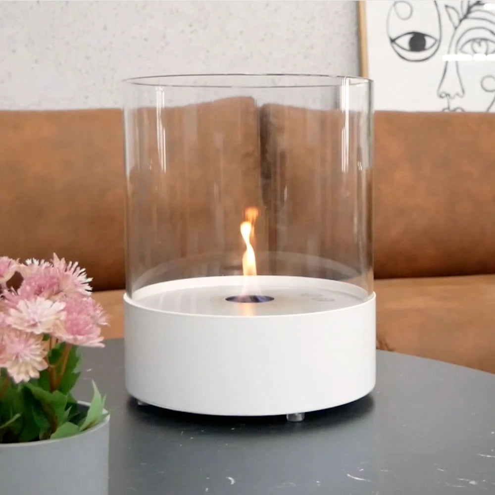 Runder Tisch Kamin mit Glas - weiß