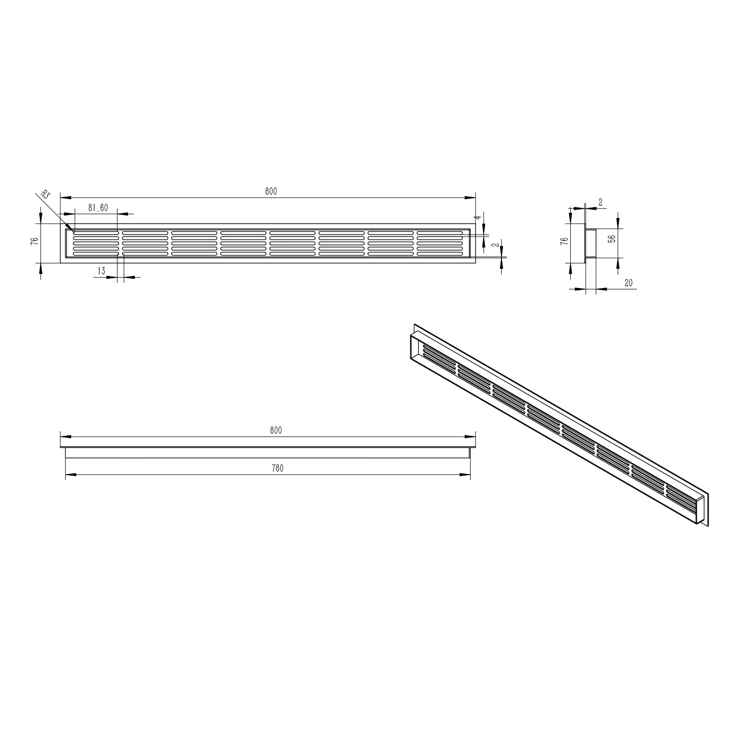 Lüftungsgitter Schwarz – 80 x 7,6 cm – 210 cm²