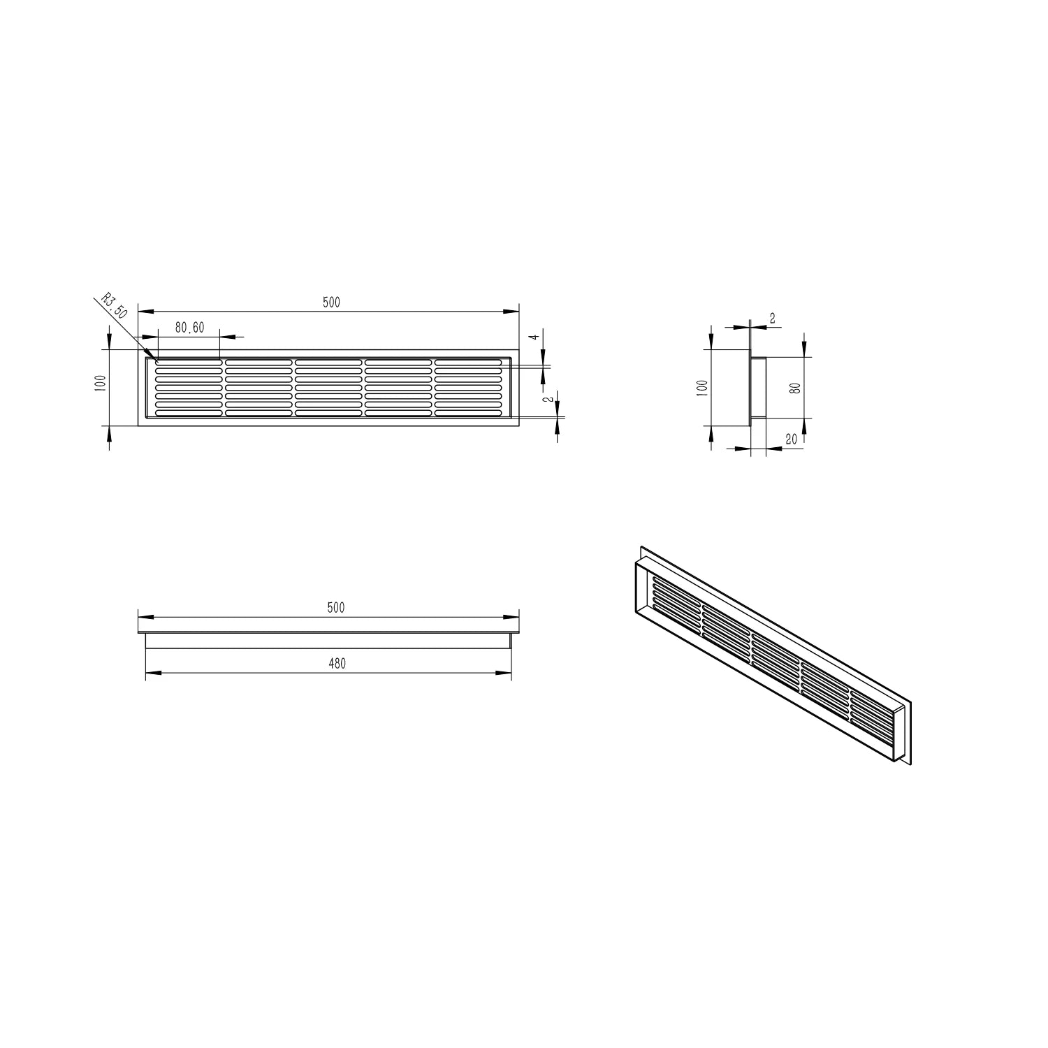 Lüftungsgitter Weiß – 50 x 10 cm – 214 cm²