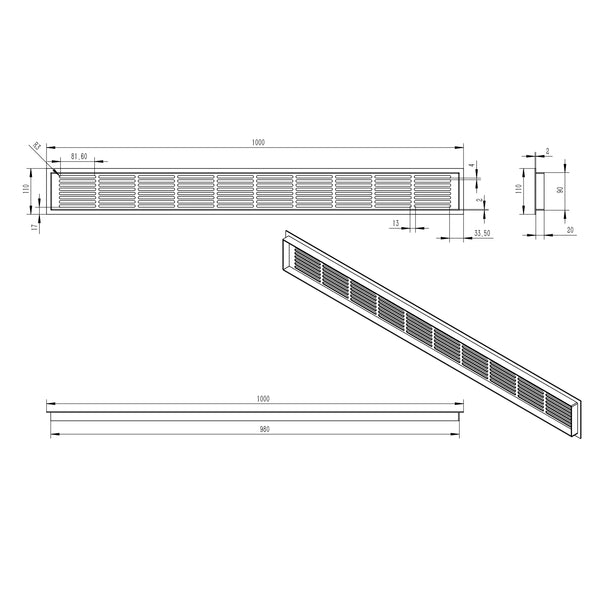 Lüftungsgitter Schwarz – 100 x 11 cm – 420 cm²